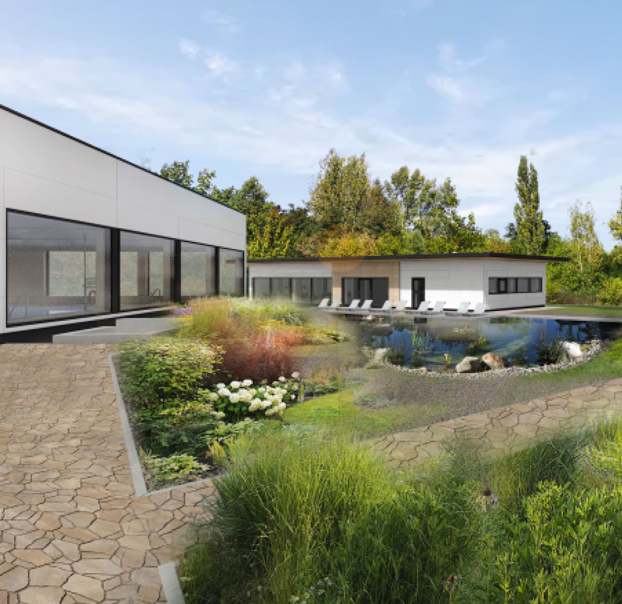 Modernes Gebäude mit einem gepflegten Garten und einem kleinen Schwimmteich im Vordergrund.